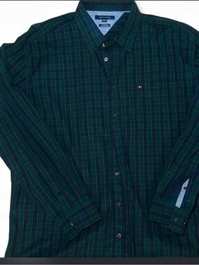 Tommy Hilfiger Shirt Men XXLARGE Green Blue Check Long Sleeve Flag Logo